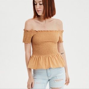 Smocked Ruffle Hem Off the Shoulder Top